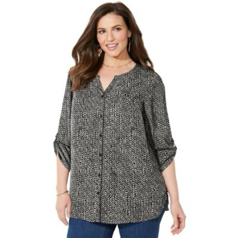 Catherines Geometric Roll Tab Sleeve Blouse - Size 38